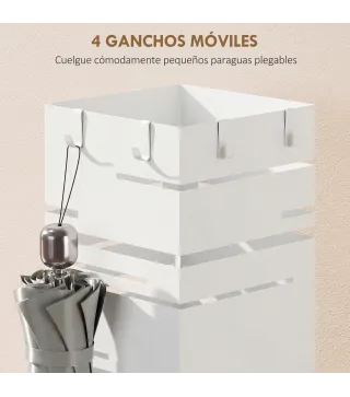 Paragüero Metálico con 4 Ganchos y Bandeja de Goteo Extraíble para Entrada Oficina 15,5x15,5x49 cm Blanco
