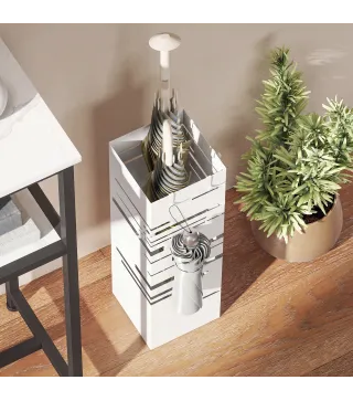 Paragüero Metálico con 4 Ganchos y Bandeja de Goteo Extraíble para Entrada Oficina 15,5x15,5x49 cm Blanco