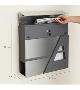 Buzón Exterior de Acero Inoxidable 13 L Buzón de Pared Correo con Cerradura y 2 Llaves Soporte Periódicos Gris Oscuro