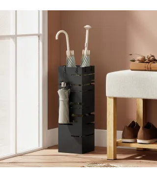 Paraguero Metalico con 4 Ganchos y Bandeja de Goteo Extraible para Entrada Oficina 15,5x15,5x49 cm Negro