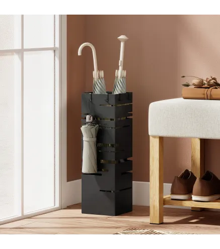 Paraguero Metalico con 4 Ganchos y Bandeja de Goteo Extraible para Entrada Oficina 15,5x15,5x49 cm Negro