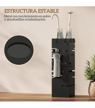 Paragüero Metálico con 4 Ganchos y Bandeja de Goteo Extraíble para Entrada Oficina 15,5x15,5x49 cm Negro
