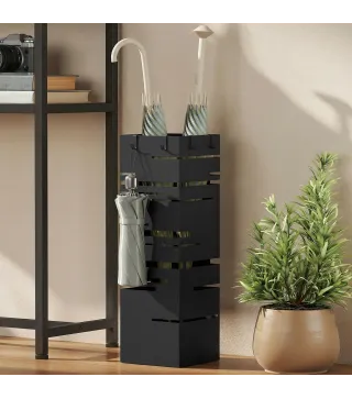 Paragüero Metálico con 4 Ganchos y Bandeja de Goteo Extraíble para Entrada Oficina 15,5x15,5x49 cm Negro