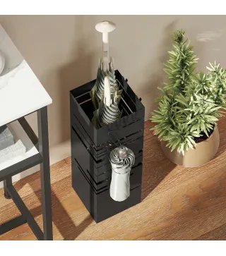 Paragüero Metálico con 4 Ganchos y Bandeja de Goteo Extraíble para Entrada Oficina 15,5x15,5x49 cm Negro