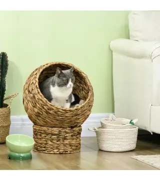 Cama para Gatos de Mimbre Cueva para Gatos Desmontable con Cojín Extraíble 40x37x51 cm Marrón y Beige