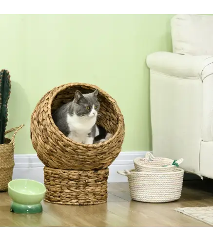 Cama para Gatos de Mimbre Cueva para Gatos Desmontable con Cojín Extraíble 40x37x51 cm Marrón y Beige