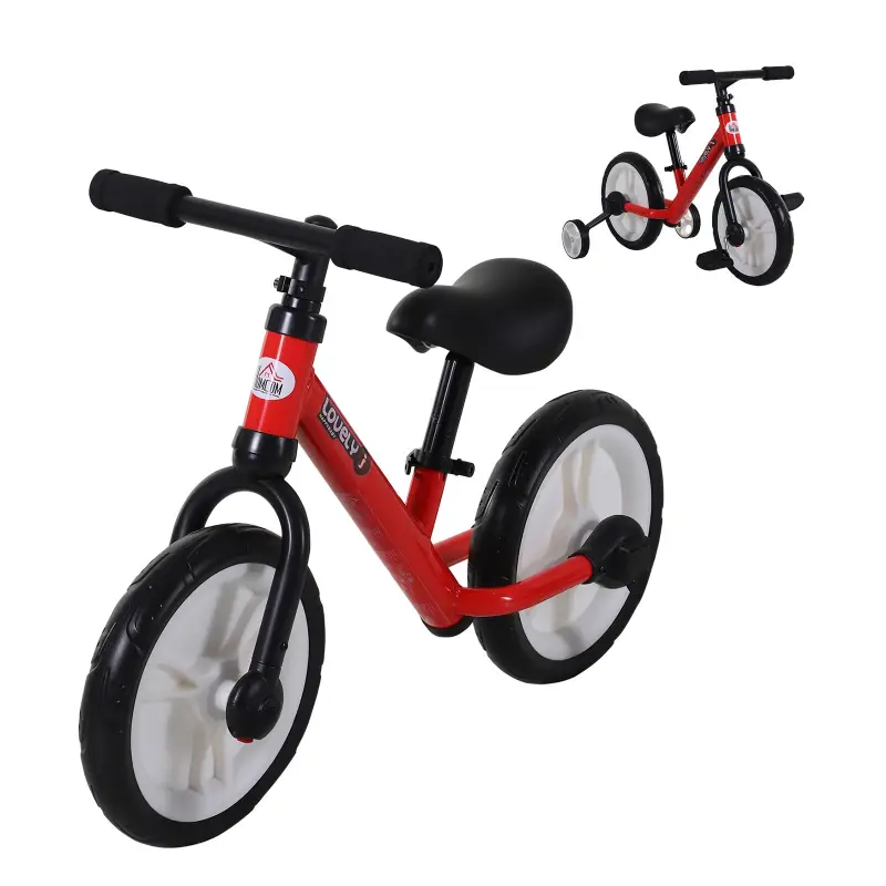 Bicicleta de Equilibrio con Pedales y Ruedas Entrenamiento Extraíbles de Asiento Regulable 33-38cm Niños +24 Meses Carga 25kg Ro