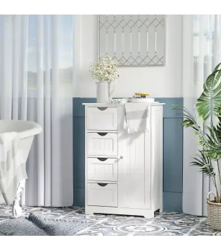 Armario Auxiliar de Baño Mueble para Baño con Puerta 4 Cajones y Estante Ajustable para Cocina Salón 56x30x83 cm Blanco
