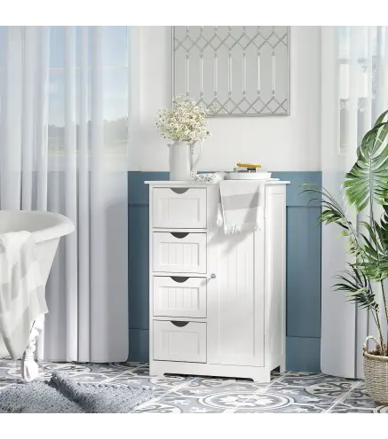 Armario Auxiliar de Baño Mueble para Baño con Puerta 4 Cajones y Estante Ajustable para Cocina Salón 56x30x83 cm Blanco