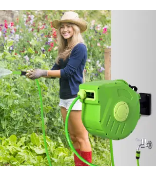 Carrete para Manguera 15M+1,5M Soporte Mural Portamanguera Roll-up Automático Giratorio 180° con Pistola de Pulverización Gran A