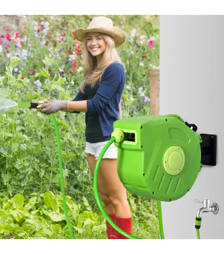 Carrete para Manguera 15M+1,5M Soporte Mural Portamanguera Roll-up Automático Giratorio 180° con Pistola de Pulverización Gran A