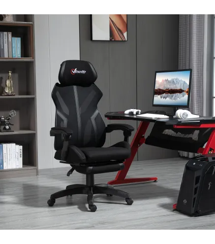 Silla Gaming con Reposapiés Retráctil Silla de Oficina Giratoria Reclinable con Reposacabezas y Altura Ajustable 65x65x119-129 c