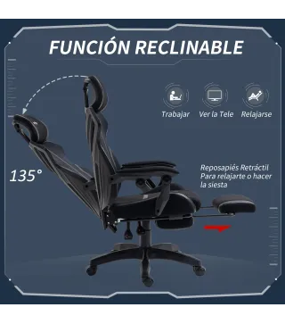 Silla Gaming con Reposapiés Retráctil Silla de Oficina Giratoria Reclinable con Reposacabezas y Altura Ajustable 65x65x119-129 c