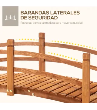 Puente de Arco de Madera 185x72x58 cm con Pasamanos Puente de Jardín para Decoración Patio Carga 200 kg Natural