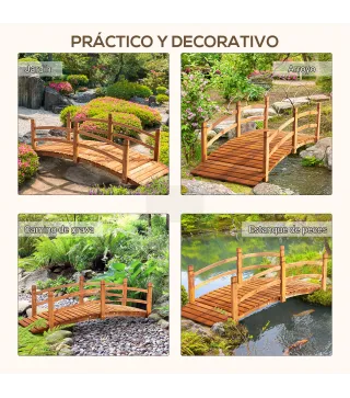 Puente de Arco de Madera 185x72x58 cm con Pasamanos Puente de Jardín para Decoración Patio Carga 200 kg Natural