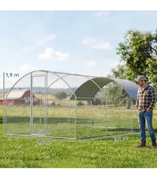 Gallinero para Exterior 2,8x5,1x1,9 m Cubierta de Tela Oxford Anti-UV Impermeable Pestillos para 15-24 Gallinas Plata