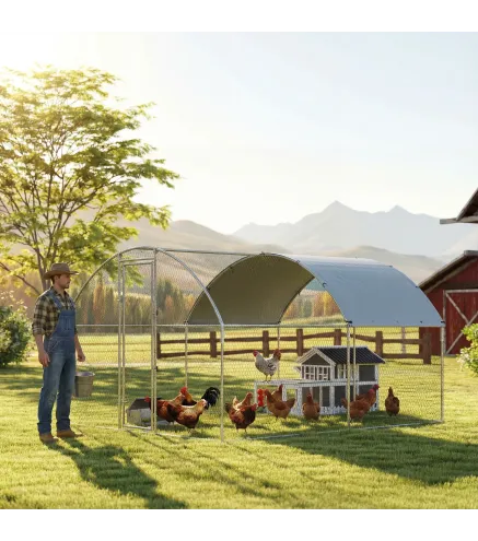 Gallinero para Exterior 2,8x3,4x1,9 m Cubierta de Tela Oxford Anti-UV Impermeable Pestillos para 10-16 Gallinas Plata
