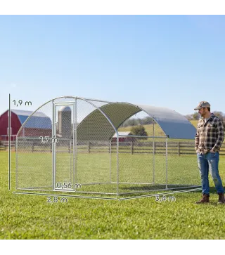 Gallinero para Exterior 2,8x3,4x1,9 m Cubierta de Tela Oxford Anti-UV Impermeable Pestillos para 10-16 Gallinas Plata