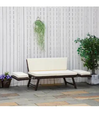 Sofá de Ratán de 2 Plazas Convertible en Cama Individual con Reposabrazos Abatibles y Cojines Acolchados Sofá Doble para Exterio