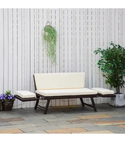 Sofá de Ratán de 2 Plazas Convertible en Cama Individual con Reposabrazos Abatibles y Cojines Acolchados Sofá Doble para Exterio