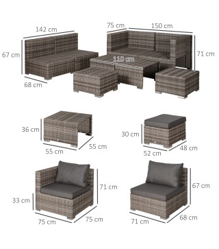 Conjunto 8 Piezas de Sofás de Ratán