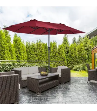Sombrilla Doble para Jardín 455x265x238 cm Parasol Grande con Manivela Manual Protección Solar Color Rojo Vino