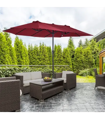 Sombrilla Doble para Jardín 455x265x238 cm Parasol Grande con Manivela Manual Protección Solar Color Rojo Vino