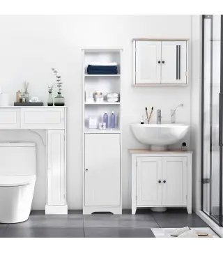 Armario Alto de Baño de 5 Niveles Columna Auxiliar de Baño con 3 Estantes 1 Puerta y Balda Ajustable 40x38x160 cm Blanco