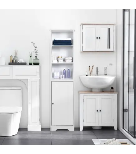 Armario Alto de Baño de 5 Niveles Columna Auxiliar de Baño con 3 Estantes 1 Puerta y Balda Ajustable 40x38x160 cm Blanco