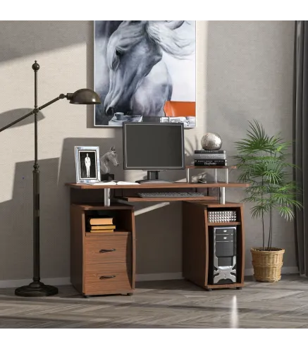 Mesa de Escritorio con Múltiples Estantes 2 Cajones Bandeja de Teclado y Soportes para Monitor CPU 120x55x85 cm Marrón