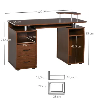 Mesa de Escritorio con Múltiples Estantes 2 Cajones Bandeja de Teclado y Soportes para Monitor CPU 120x55x85 cm Marrón