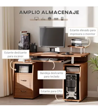 Mesa de Escritorio con Múltiples Estantes 2 Cajones Bandeja de Teclado y Soportes para Monitor CPU 120x55x85 cm Marrón