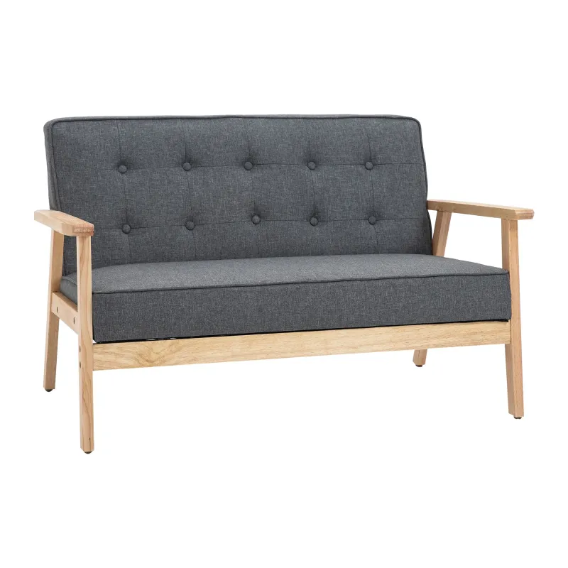 Sofá de 2 Plazas con Respaldo Cojines Acolchados Patas de Madera Antideslizantes Botones con Mechones 113x67x78 cm Gris