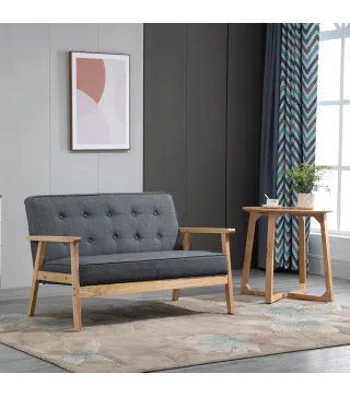 Sofá de 2 Plazas con Respaldo Cojines Acolchados Patas de Madera Antideslizantes Botones con Mechones 113x67x78 cm Gris