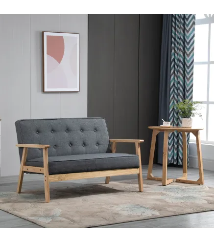 Sofá de 2 Plazas con Respaldo Cojines Acolchados Patas de Madera Antideslizantes Botones con Mechones 113x67x78 cm Gris