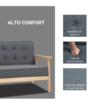Sofá de 2 Plazas con Respaldo Cojines Acolchados Patas de Madera Antideslizantes Botones con Mechones 113x67x78 cm Gris