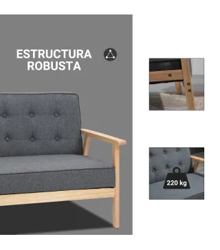 Sofá de 2 Plazas con Respaldo Cojines Acolchados Patas de Madera Antideslizantes Botones con Mechones 113x67x78 cm Gris
