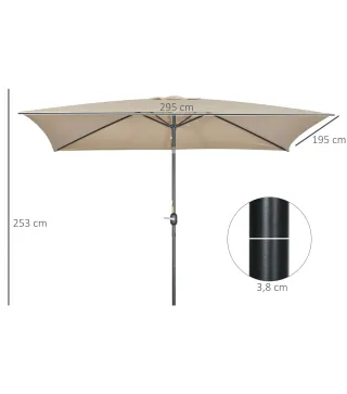 Sombrilla de Aluminio 200x300x253 cm Parasol Rectangular de Jardín Inclinable con Manivela y Poste Desmontable Caqui