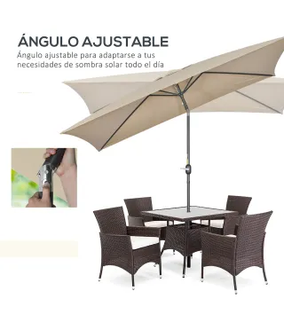 Sombrilla de Aluminio 200x300x253 cm Parasol Rectangular de Jardín Inclinable con Manivela y Poste Desmontable Caqui