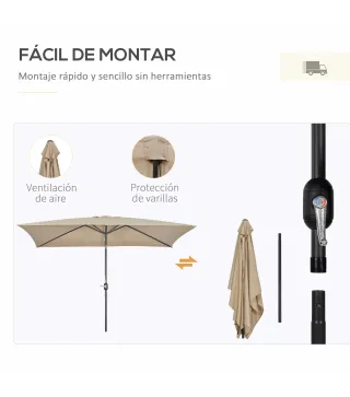 Sombrilla de Aluminio 200x300x253 cm Parasol Rectangular de Jardín Inclinable con Manivela y Poste Desmontable Caqui