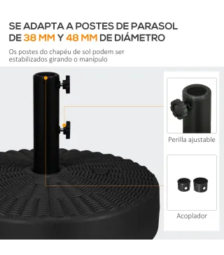 Soporte para Parasol Rellenable de Agua 22 kg y Arena 29 kg para Poste de Sombrilla de Ø38/48 mm Ø51x36 cm