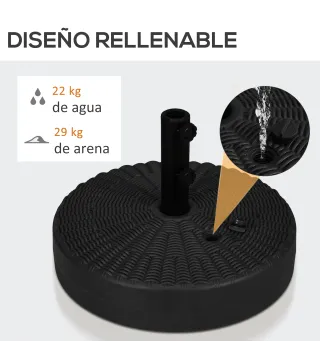 Soporte para Parasol Rellenable de Agua 22 kg y Arena 29 kg para Poste de Sombrilla de Ø38/48 mm Ø51x36 cm
