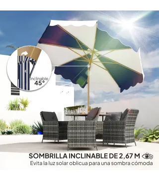Sombrilla Grande con Protección UV 50+ y Toldo Ajustable para Jardín Patio y Terraza Ø2,67x2,38 m Rayas Azul y Blanco
