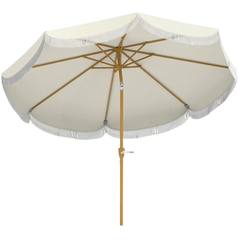 Sombrilla Boho de Ø2,7 m para Exterior con Protección UV30+ Manivela Manual y Techo Doble con Borlas Beige
