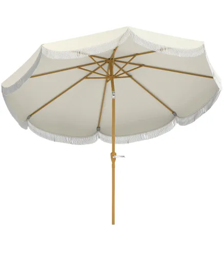 Sombrilla Boho de Ø2,7 m para Exterior con Protección UV30+ Manivela Manual y Techo Doble con Borlas Beige