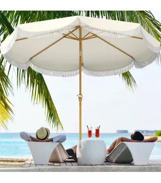 Sombrilla Boho de Ø2,7 m para Exterior con Protección UV30+ Manivela Manual y Techo Doble con Borlas Beige