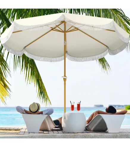 Sombrilla Boho de Ø2,7 m para Exterior con Protección UV30+ Manivela Manual y Techo Doble con Borlas Beige