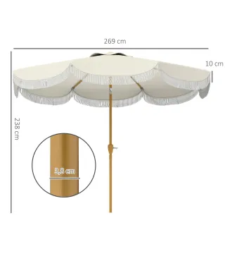Sombrilla Boho de Ø2,7 m para Exterior con Protección UV30+ Manivela Manual y Techo Doble con Borlas Beige