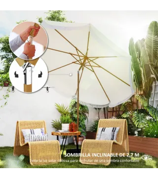 Sombrilla Boho de Ø2,7 m para Exterior con Protección UV30+ Manivela Manual y Techo Doble con Borlas Beige