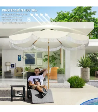 Sombrilla Boho de Ø2,7 m para Exterior con Protección UV30+ Manivela Manual y Techo Doble con Borlas Beige